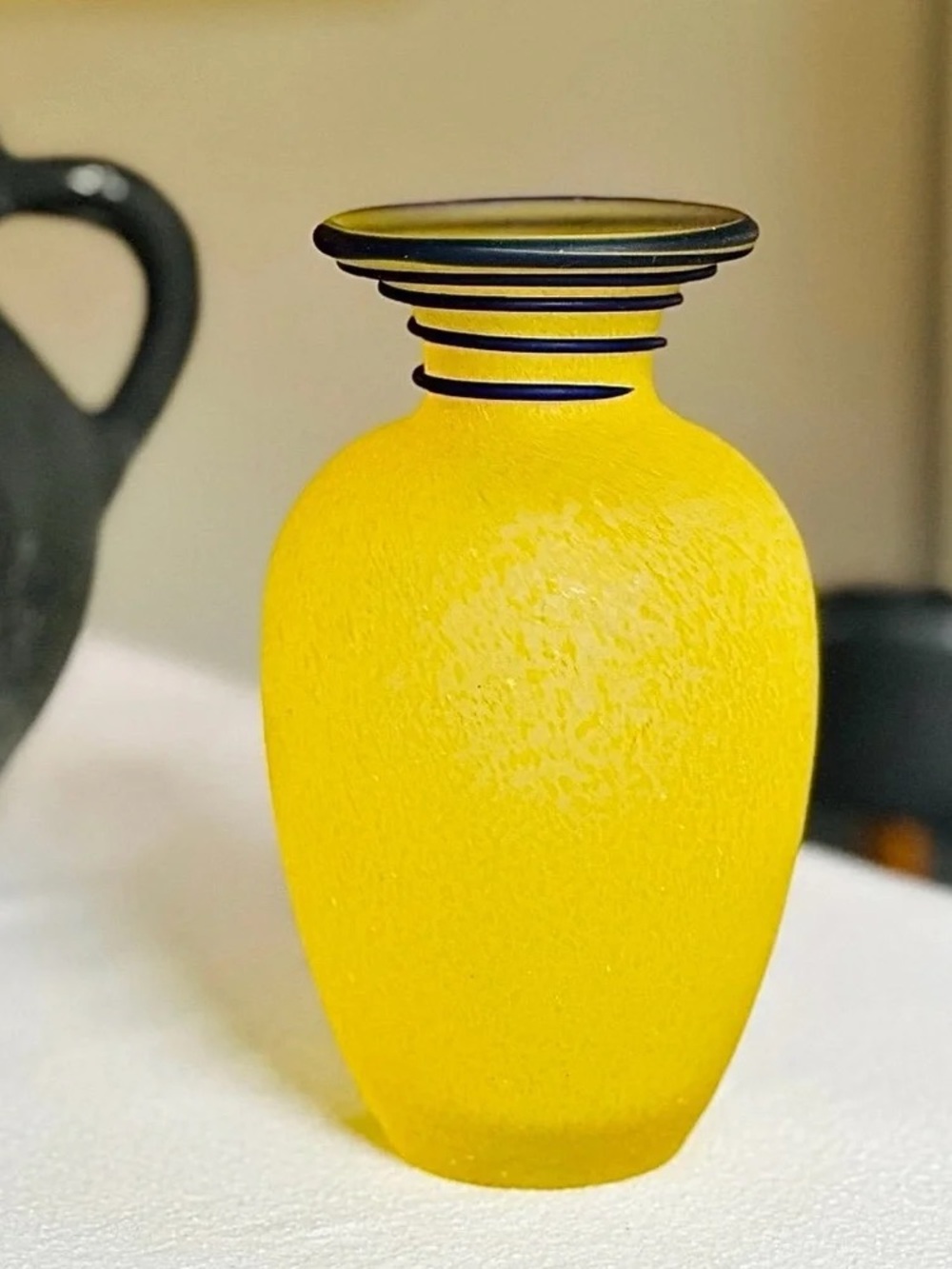 Yellow Frosted Glass Vase with Black Rim - Home Accents